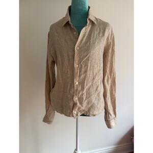 GAP 100% Linen Tan Button Up Shirt XS Coastal Grandma Raw Hem Minimalist